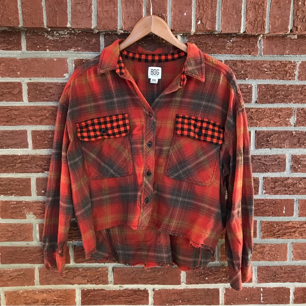 BDG Urban Outfitters Plaid Cropped Long Sleeve Blouse Orange Size Medium
